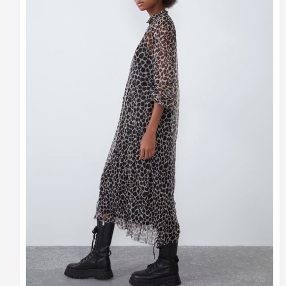 Zara animal print midi dress tulle mesh mock neck front tie goth gothic witch S - Picture 3 of 9